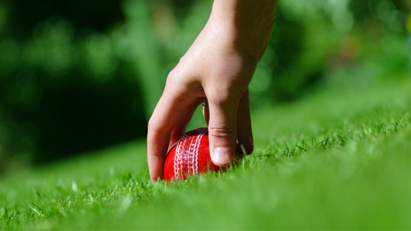 Close-up of a hand gripping a bright red cricket ball on lush green grass, with a softly blurred leafy background suggesting an outdoor cricket field.