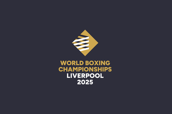 A dark grey background featuring a triangular logo with black, white, and gold stripes, and text reading "World Boxing Championships Liverpool 2025" beneath it.