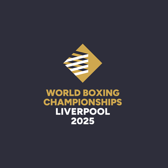 A dark grey background featuring a triangular logo with black, white, and gold stripes, and text reading "World Boxing Championships Liverpool 2025" beneath it.