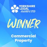 Blue geometric background with the Yorkshire Legal Awards 2026 logo, a bold yellow WINNER script, and white text reading Commercial Property.