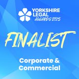 Blue background with geometric shapes, white and yellow text reading "Yorkshire Legal Awards 2023 Finalist Corporate & Commercial" with a white flower logo.
