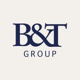 B&T Group logo with navy text on a light background, featuring "B&T" in large serif font and "GROUP" underneath in smaller uppercase letters.