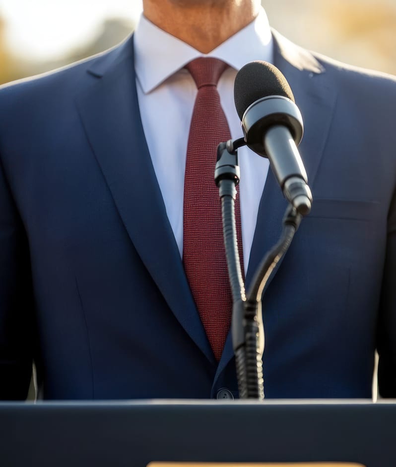 Businessman at lecturn preparing to speak into microphone