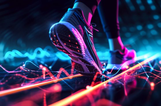 Close up of an athletes trainers while using performance enhancing sport technology