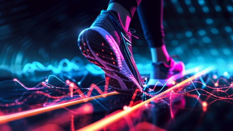 Close up of an athletes trainers while using performance enhancing sport technology