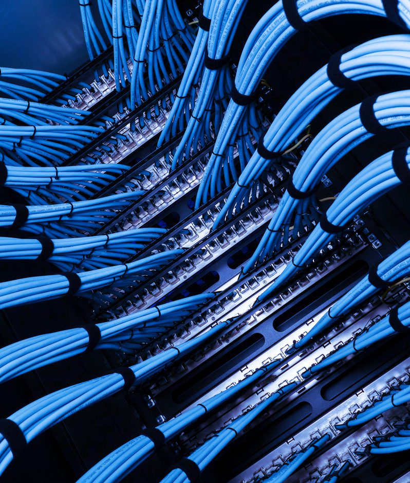 Blue ethernet cables neatly routed and bundled through server racks with patch panels in a data centre, illustrating dense cable management.
