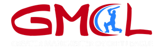 The logo features the text "GMC" in large red letters, with a blue cricket player silhouette inside a crescent shape to the right. Below, it says "GREATER MANCHESTER CRICKET LEAGUE" in white.