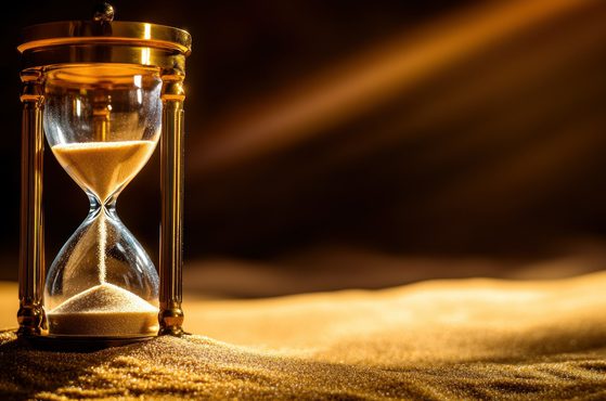 Hourglass time ticking away on a bed of sand
