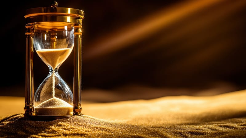 Hourglass time ticking away on a bed of sand
