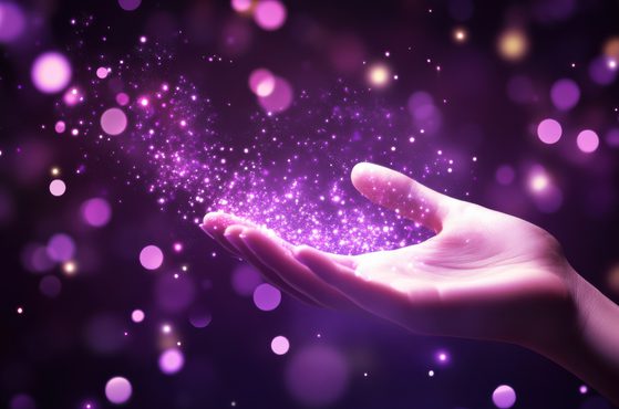 A hand emitting sparkling purple and pink particles against a dark background with bokeh light effects.