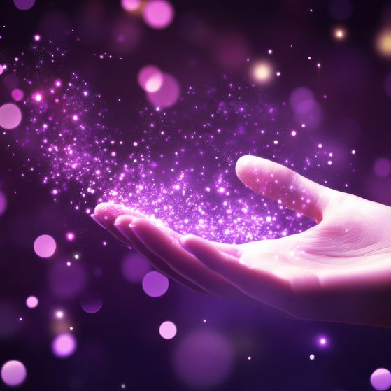 A hand emitting sparkling purple and pink particles against a dark background with bokeh light effects.
