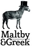 A black and white illustration of a donkey wearing a top hat with the text "Malthy & Greek" below.