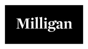 The image features the word "Milligan" in large white serif font on a black rectangular background.