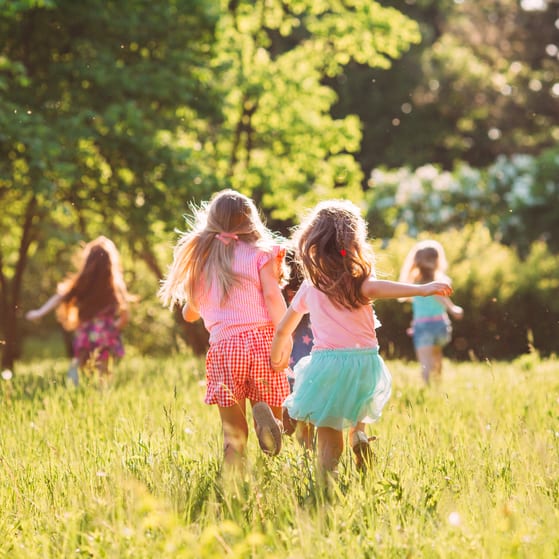 Children playing in the sunshine under a tree