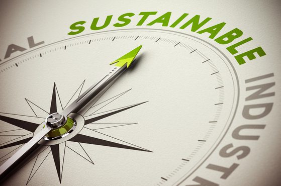 A close-up of a compass pointing towards the word "SUSTAINABLE" on a gauge, with other words like "ALL" and "INDUSTRY" partially visible.