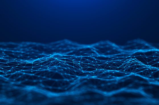 A digital representation of a blue interconnected wave-like network of data points and lines on a dark background.