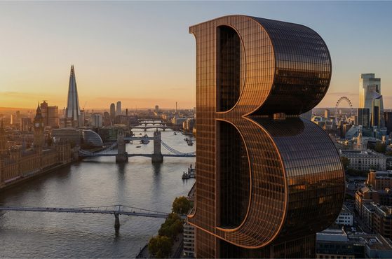 Aerial view of London at sunset featuring the Gherkin, Tower Bridge, the London Eye, and the 'B' building with a glass facade reflecting the sky.