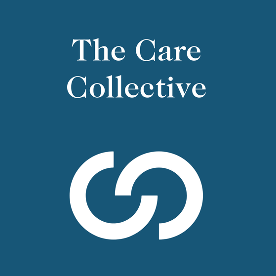 Dark teal background with white serif text The Care Collective near the top and a large white interlocking circular logo toward the bottom.