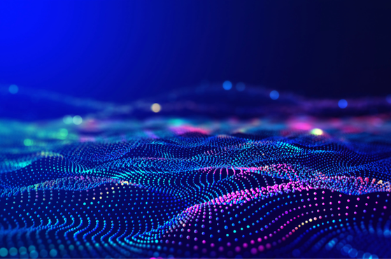 Abstract digital landscape of glowing blue dots forming rolling, wave-like ridges with purple and pink highlights, set against a deep blue gradient background.