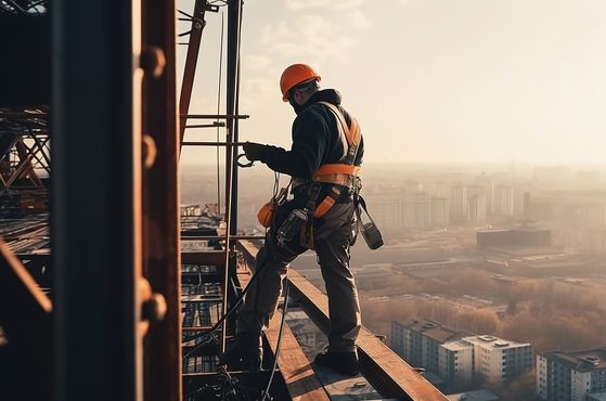 A construction worker wearing an orange safety helmet and harness stands on a steel beam high above a city, working with tools to build.
