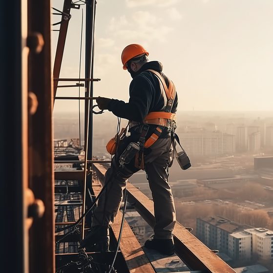 A construction worker wearing an orange safety helmet and harness stands on a steel beam high above a city, working with tools to build.