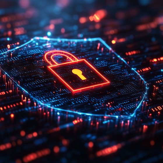 A digital illustration of a padlock with a keyhole, outlined in red and yellow, floating above a blue and red circuit board background with glowing data lines.