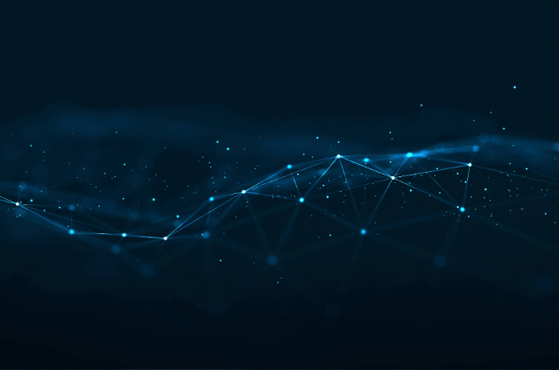 A digital abstract of interconnected glowing blue lines and dots forming a wave pattern against a dark background, representing data connections or networks.