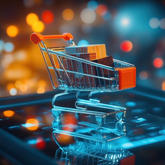 Miniature shopping cart filled with gifts displayed on reflective surface