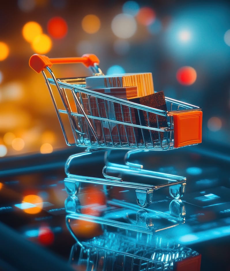 Miniature shopping cart filled with gifts displayed on reflective surface