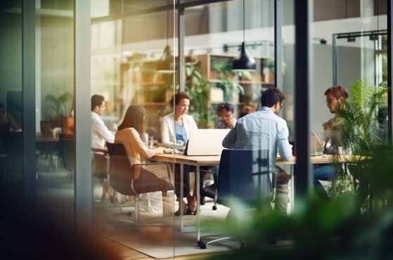 People sitting around a table in a modern office conference room, engaged in discussion, with laptops and documents, surrounded by glass walls and greenery.