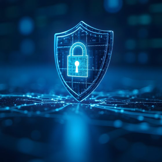 A digital image of a glowing blue shield with a padlock icon, representing cybersecurity or digital security, floating above a blurred keyboard background.