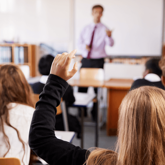 Private school child raised hand in a lesson index