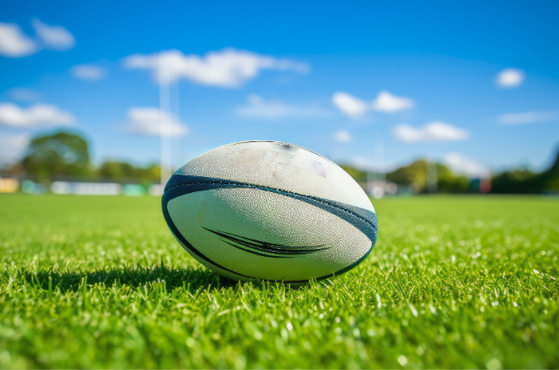 A white rugby ball with dark blue swoosh patterns rests on bright green grass on a sunny field, under a vivid blue sky with distant goal posts.