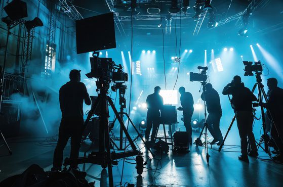 Silhouettes of camera operators and crew working on a brightly lit stage with blue lighting and fog effects during a production or concert.