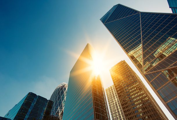 Modern office buildings, cityscape, sunlight