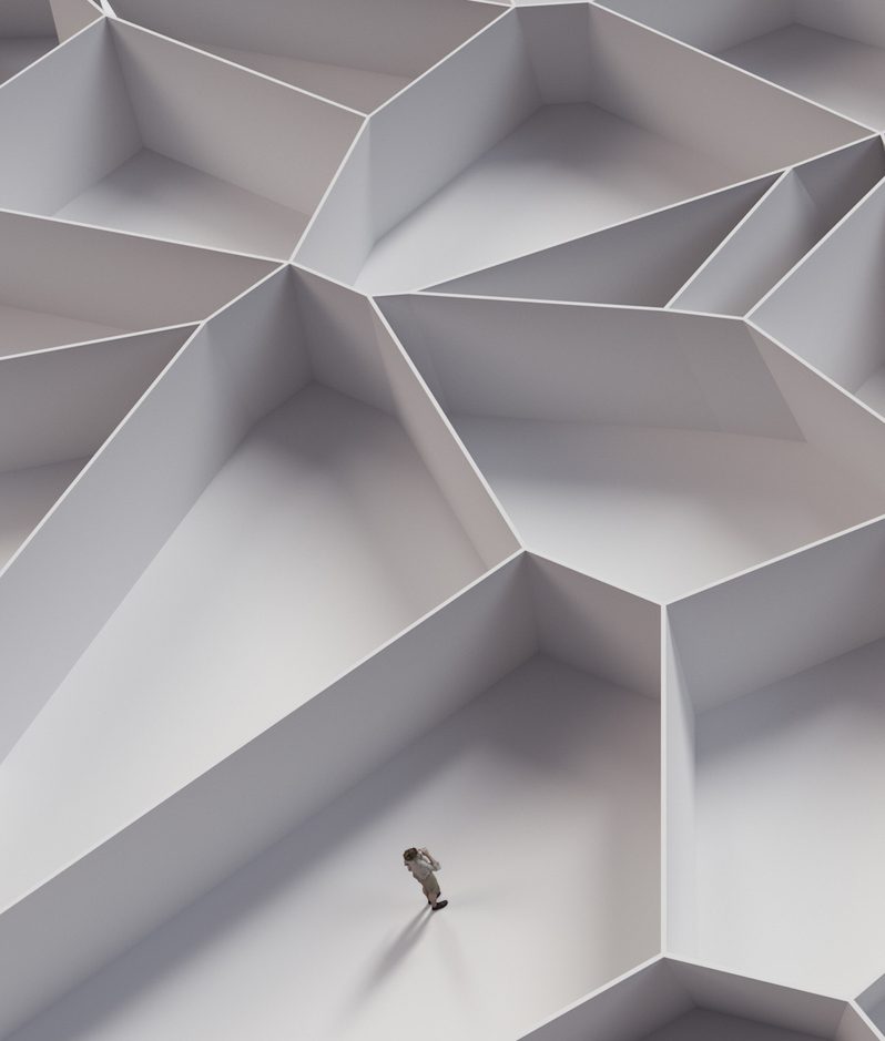 A tiny astronaut figure standing inside a large, empty honeycomb of white hexagonal compartments.